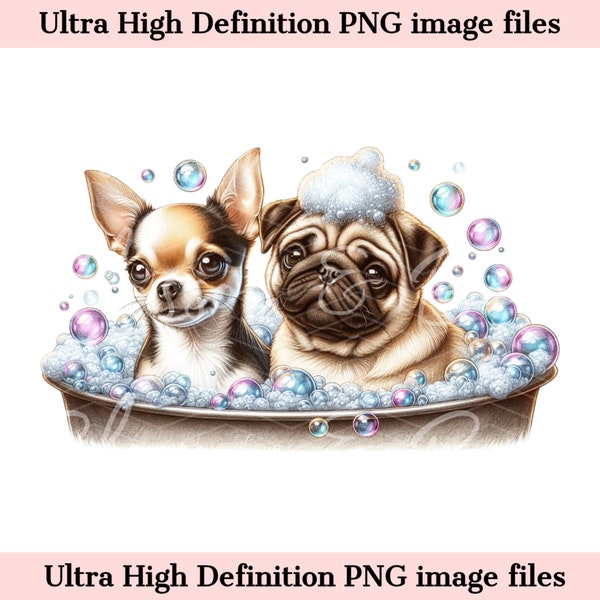 Digital Dog Groomer PNG Puppy Bath Dog Art - Cute Chihuahua and Pug PNG Instant Download for Pet Shop Clip Art and sublimation