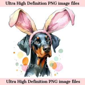 Ritratto di cane stampabile PNG Doberman di Pasqua digitale PNG - Carino cane Doberman PNG - Scarica per la sublimazione del giorno di Pasqua della mamma del cane Dobbie