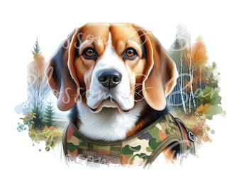 Digital - Hunting Beagle PNG - Instant Download for Hunting Shirt Sublimation - Hunting Dog PNG - Beagle Dog Watercolor Portrait