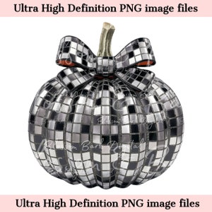 May include: A black and silver pumpkin with a black and white checkered bow. The pumpkin is covered in small squares that resemble a disco ball.