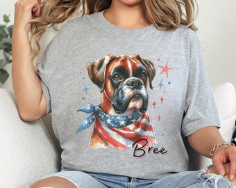 Personalized Boxer Dog T-Shirt - Dog Custom Name Patriotic Tee, Unisex Fit, Boxer Dog Mom Shirt, Pet Lover Gift for Dog Owners