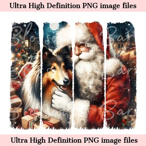 May include: A digital art print featuring a collie dog, Santa Claus, and a Christmas scene. The image is divided into vertical panels with a watercolor effect. The text "Ultra High Definition PNG image files" appears at the top and bottom of the image.
