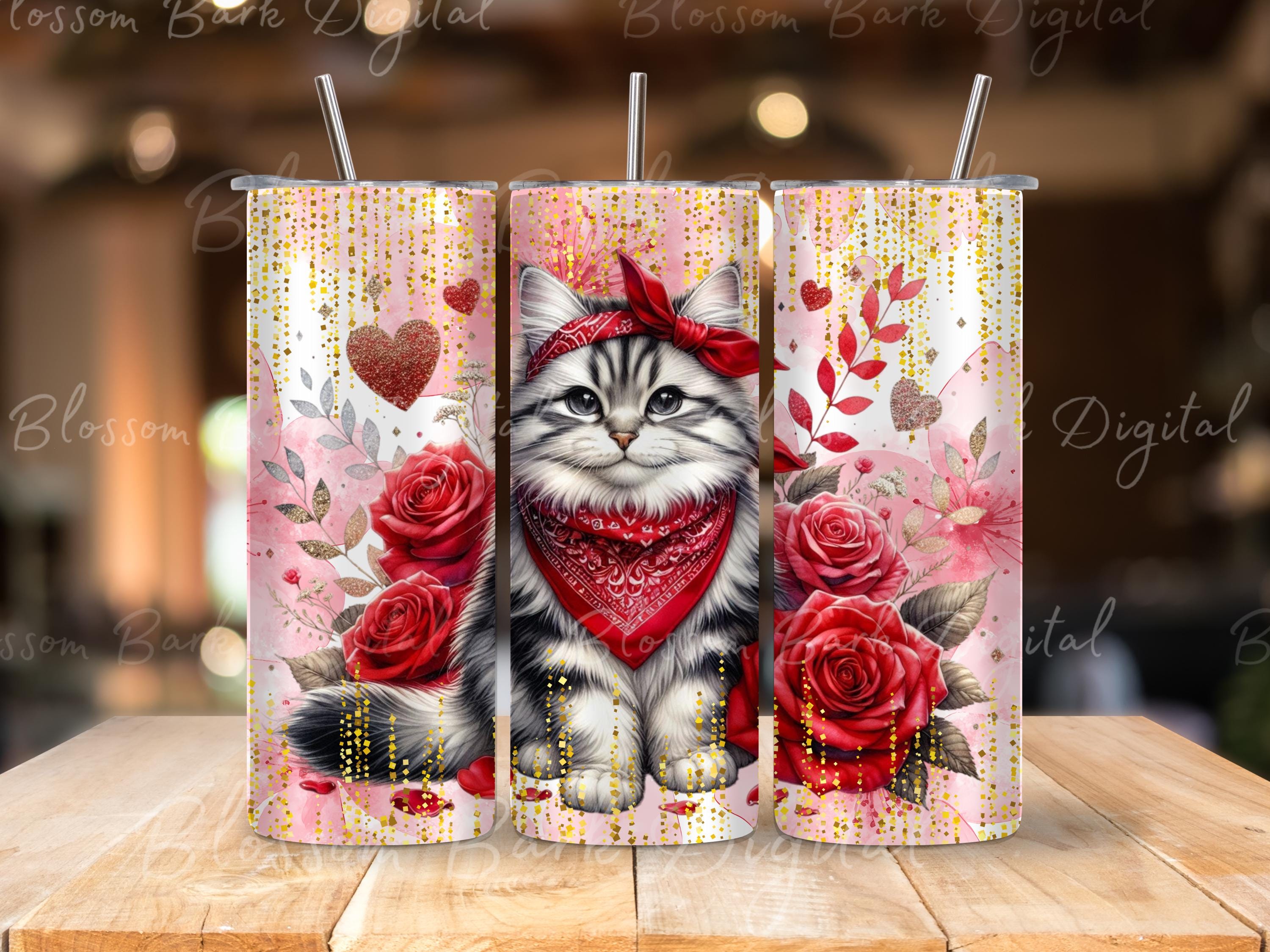 Digital - Valentine's Siberian Tumbler Wrap 20 Unzen Skinny Tumbler Sublimationsdesign, süße sibirische Katze PNG Download, Valentine Katze PNG
