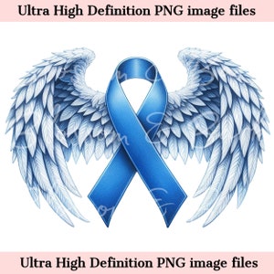 デジタルがん天使の羽 PNG 水彩画 青いがんリボン PNG 生存者 - 大腸がん啓発シャツ昇華用ダウンロード