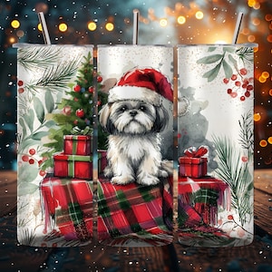 Digital - Copo para cachorro Shih Tzu de Natal, design de sublimação para copo fino de 20 oz, download de Feliz Natal PNG, filhote de Shih Tzu de Natal