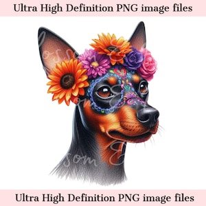 Digitaler Miniatur Pinscher PNG Tag der Toten png - Mini Pinscher PNG Sofortdownload für Halloween Shirt Sublimation Clip Art für Besitzer