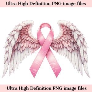 Alas de ángel de cáncer digital PNG Acuarela Cáncer de mama PNG - Descarga para sublimación conmemorativa de concientización sobre el cáncer rosa - Uso comercial