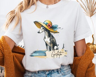 Greyhound T-Shirt - Custom Dog Name Shirt, Summer Hat Watercolor Greyhound Dog Tee, Personalized Pet Lover Gift