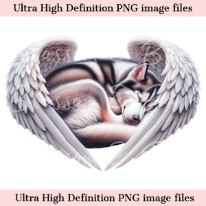 Digitale Siberische Husky PNG Dog Memorial PNG - Husky portret met engelenvleugels PNG Instant Download - Rust in vrede huisdier sublimatie ontwerp