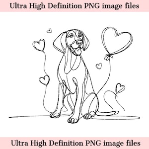 May include: A black and white line drawing of a dog sitting with a heart-shaped balloon. The dog is looking to the right and has a happy expression. There are several smaller hearts scattered around the dog and balloon.