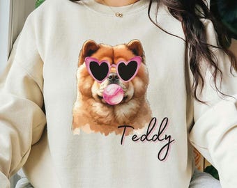 Pull chow chow personnalisé, nom personnalisé, chemise unisexe pour la Saint-Valentin, lunettes coeur et chemise pour chien chewing-gum, cadeau mignon pour chien Chow Chow