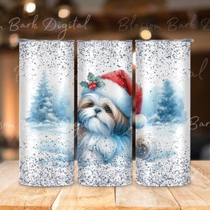 Digital - Envoltório de copo Shih Tzu de Natal 20 oz Skinny Tumbler Design de sublimação, download de PNG de Natal azul claro, cachorro Shih Tzu png