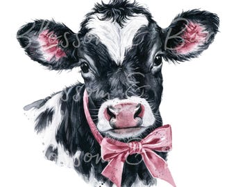 Cute Dairy Cow and Coquette Bow PNG - Instant Download for Cute Prep Shirt Sublimation - Cows and Pink Bow PNG  -  Cute Farm Girl PNG Design