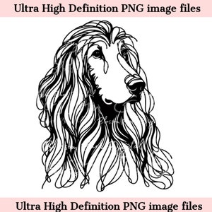 May include: Black and white line art illustration of an Afghan Hound dog with long flowing hair. The dog is looking to the right of the image.