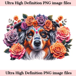 Digitaler Australian Shepherd PNG Tag der Toten - Süßer Hund PNG Download für Halloween Sublimation Sugar Skull Clip Art für Hundemama Geschenk