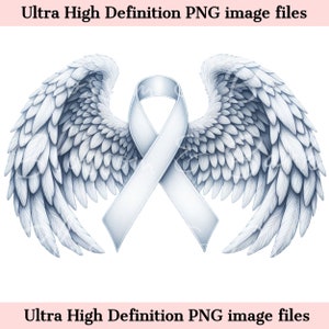 デジタルがん天使の羽 PNG 水彩画 白いがんリボン PNG 生存者 - 肺がん啓発記念シャツ昇華用ダウンロード