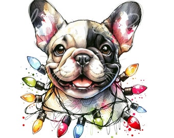 Digital - Lindo bulldog francés PNG Retrato de perro navideño PNG - Descarga para mamá perro francés Luces navideñas Camiseta navideña Sublimación