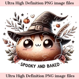 Op de afbeelding: Een bruine en beige cartoon-pompoen met een zwarte heksenhoed met een gesp. De pompoen heeft grote ogen en een kleine glimlach. De pompoen is omringd door herfstbladeren en sterren. De tekst "...SPOOKY AND BAKED..." staat onder de pompoen.