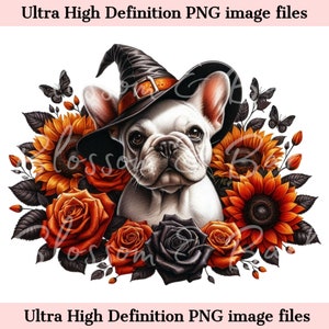 Digitaler Französische Bulldogge Halloween Hund PNG - Süßer Weißer Frenchie PNG Sofort Download für Hundefriseur und Blumenhexe Shirt Sublimation