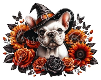 Cane di Halloween Bulldog francese digitale PNG - Download istantaneo PNG di Frenchie bianco carino per tolettatore di cani e sublimazione di camicia da strega floreale