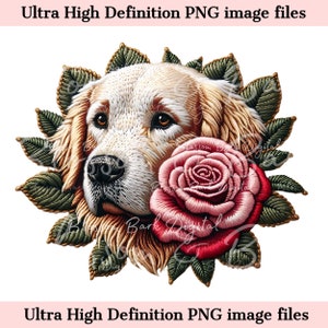 Rosa bordada y Golden Retriever PNG - Parche 3D falso PNG Descarga digital para la sublimación de mamá de perro y peluquero de perros - Uso comercial seguro