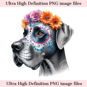 Digital-Süße Deutsche Dogge PNG Tag der Toten -Floral Sugar Skull Hund PNG Download für Halloween Dog Mom Shirt Sublimation Mexikanischer Zuckerschädel