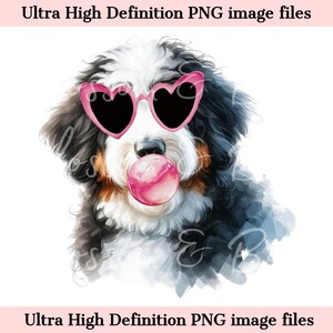 Retrato de perro Bernedoodle digital PNG con acuarela PNG - Descarga para sublimación de camiseta de perro Bernedoodle con gafas de corazón - Seguro para uso comercial