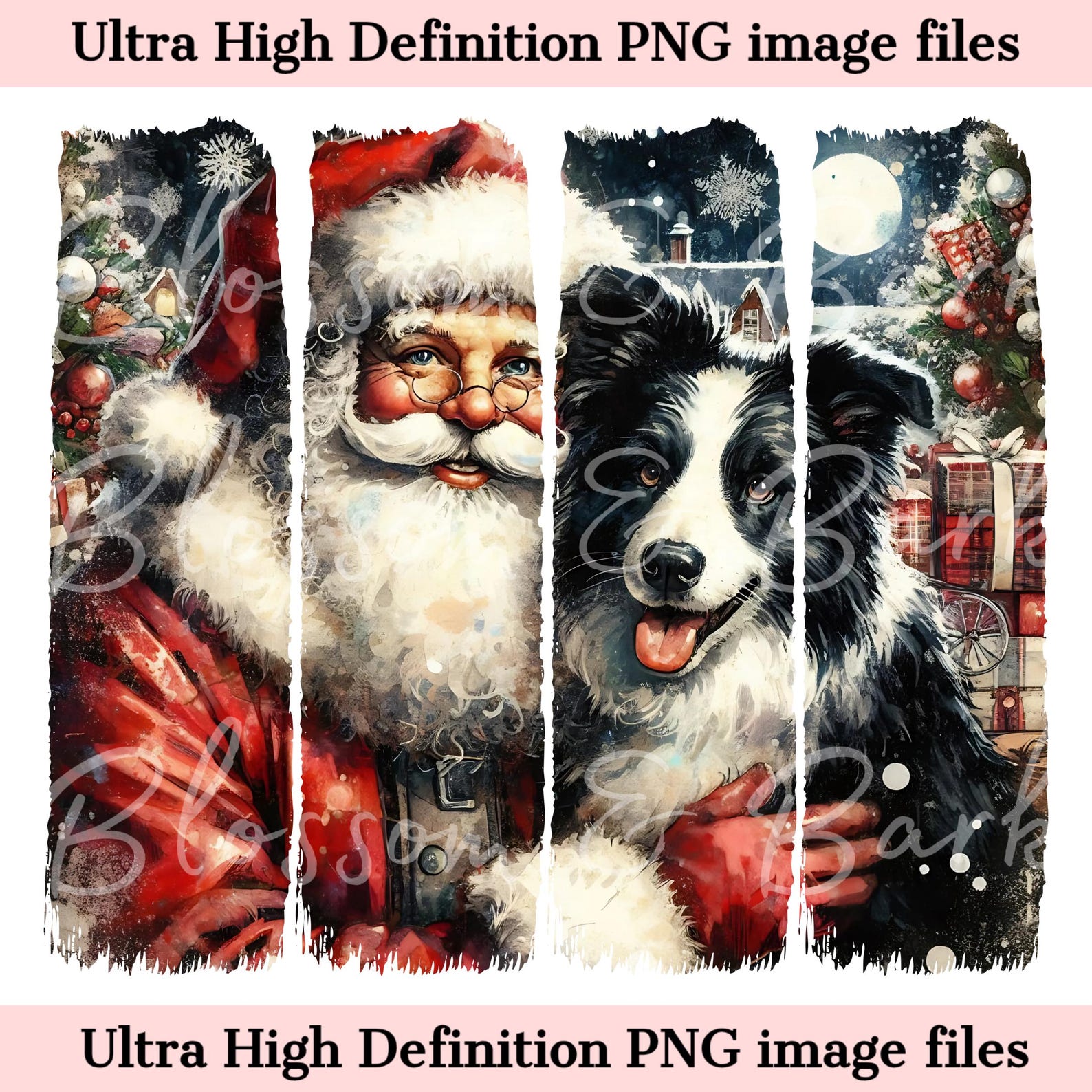 Digital Brush Stroke Santa PNG Border Collie Dog Christmas Portrait Png ...