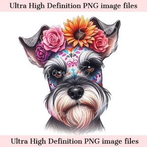 May include: A detailed illustration of a Schnauzer dog with a colourful sugar skull design on its face. The dog is adorned with a floral crown of pink roses and a yellow sunflower. The text "Ultra High Definition PNG image files" is at the top and bottom.