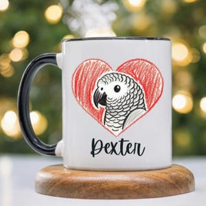 Heart African Grey Parrot Portrait Mug with Black Handle - Ceramic Coffee Cup, Microwave & Dishwasher Safe, Custom Pet Gift for Bird Owner