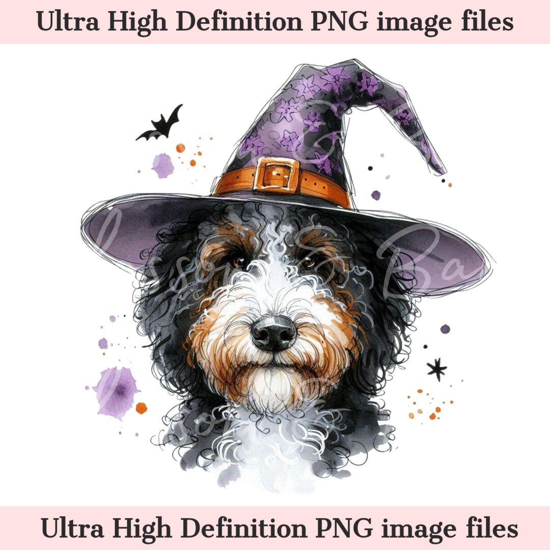 Digital Bernedoodle Halloween Dog PNG, Cute Puppy PNG Autumn Witch Dog ...