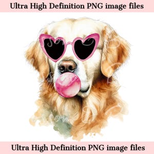 Retrato de perro Golden Retriever digital PNG con chicle - Descarga para sublimación de camiseta de perro Retriever con gafas de corazón - Seguro para uso comercial