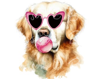 Digital Golden Retriever PNG Bubblegum Dog Portrait PNG - Download for Heart Glasses Retriever Dog Shirt Sublimation - Safe for Commercial