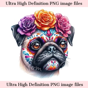 Digitaler niedlicher Kitz Mops PNG Tag der Toten - Blumen Dia de los Muertos Hund PNG Download für Halloween Mops Mom Shirt Sublimation Zuckerschädel