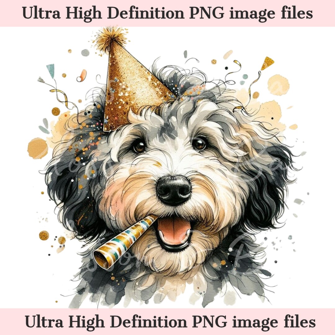 Digital New Years Aussiedoodle Dog PNG Holiday Dog Art - Cute Birthday ...
