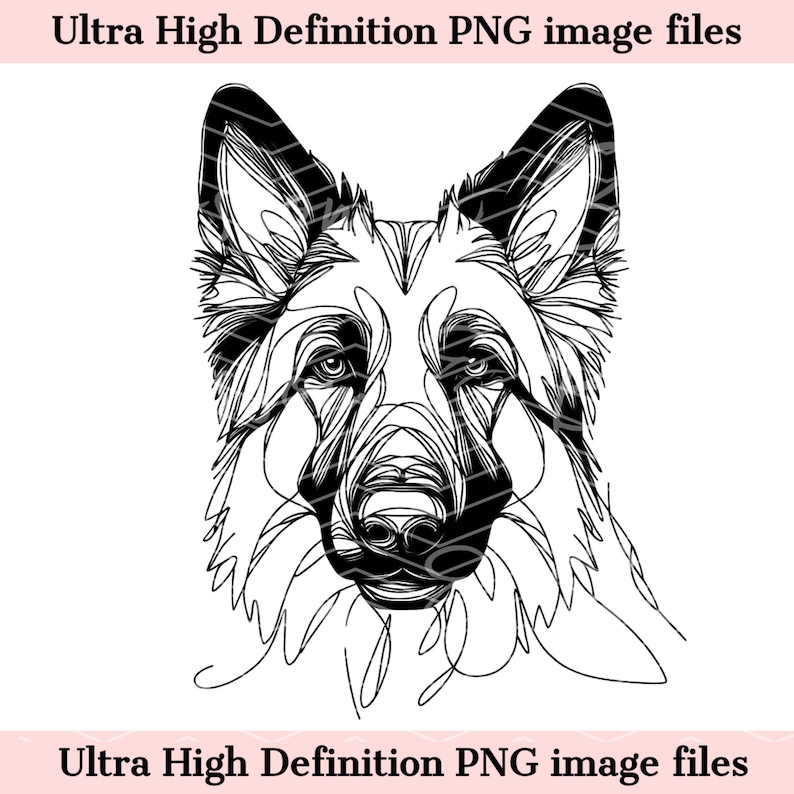 May include: Line art illustration of a German Shepherd dog's head. The dog is looking directly at the viewer with a serious expression. The illustration is in black and white.
