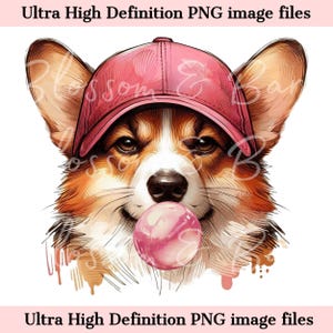 Retrato de perro Corgi de acuarela PNG de Pembroke Welsh Corgi de béisbol digital PNG - Descarga para sublimación de camiseta de perro de béisbol rosa para mamá Corgi
