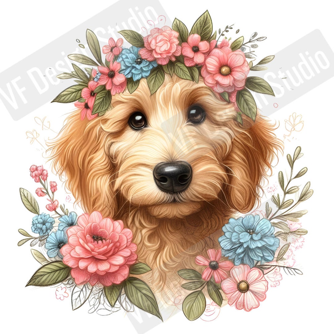 Digital Goldendoodle PNG Flower Dog Art - Cute Golden Doodle PNG ...