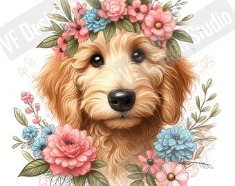 Digital Goldendoodle PNG Flower Dog Art - Cute Golden Doodle PNG Instant Download for Home Decor and Crafting Gifts - Dog Mom Sublimation