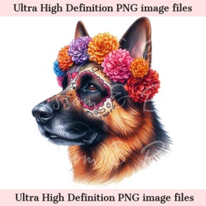 Numérique mignon berger allemand PNG Jour des morts - Floral Dia de los Muertos chien PNG à télécharger pour Halloween chien maman chemise sublimation sucre