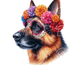 May include: A detailed illustration of a German Shepherd dog with a colorful floral crown and sugar skull face paint. The dog's fur is brown, black, and tan. The text "Ultra High Definition PNG image files" is at the top and bottom of the image.