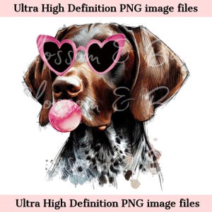 May include: A brown and black German Shorthaired Pointer dog wearing pink heart-shaped sunglasses and blowing a pink bubble. The dog is drawn in a watercolor style.