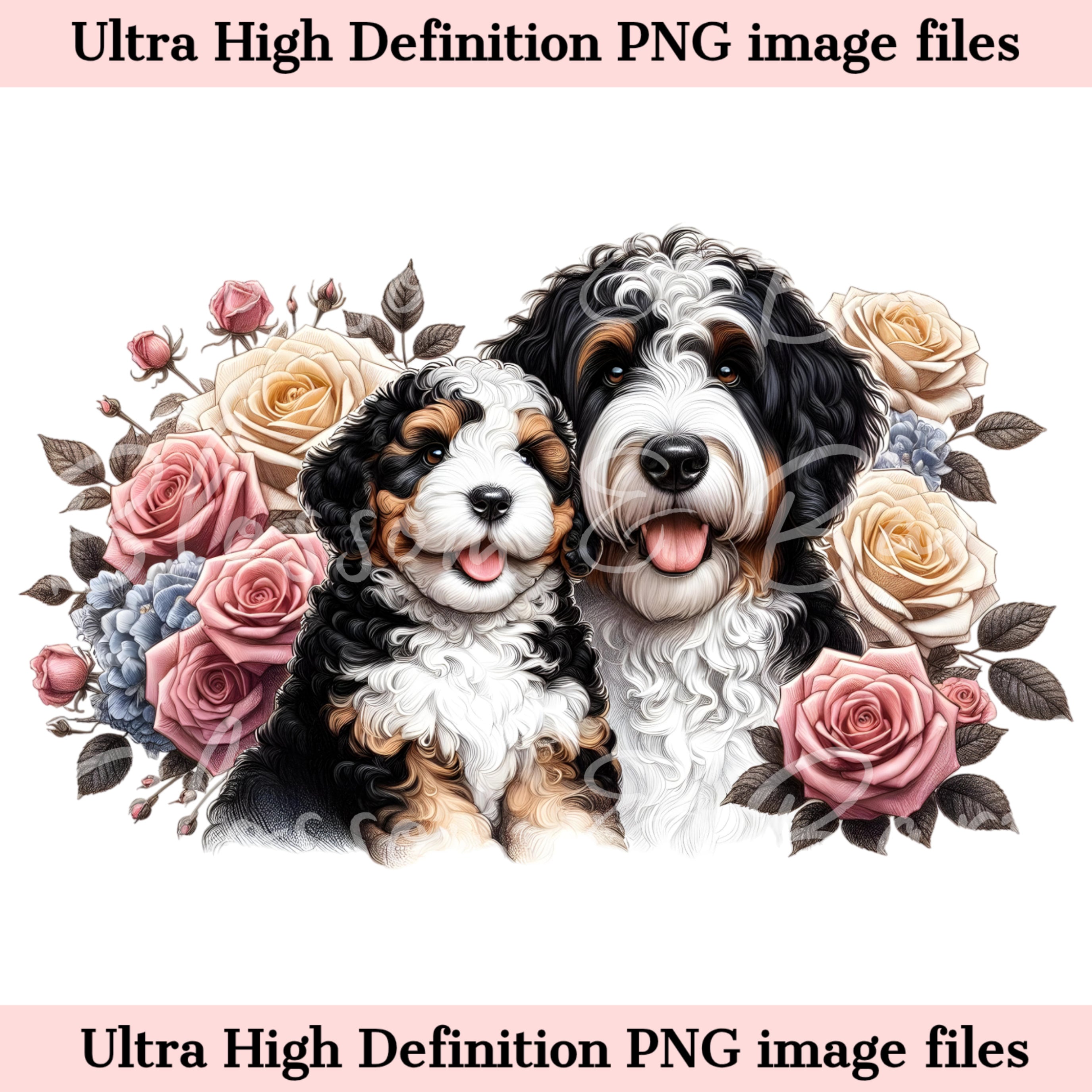 Digital Bernedoodle PNG Mom and Puppy PNG Dog Art - Cute Doodle Mom Dog ...
