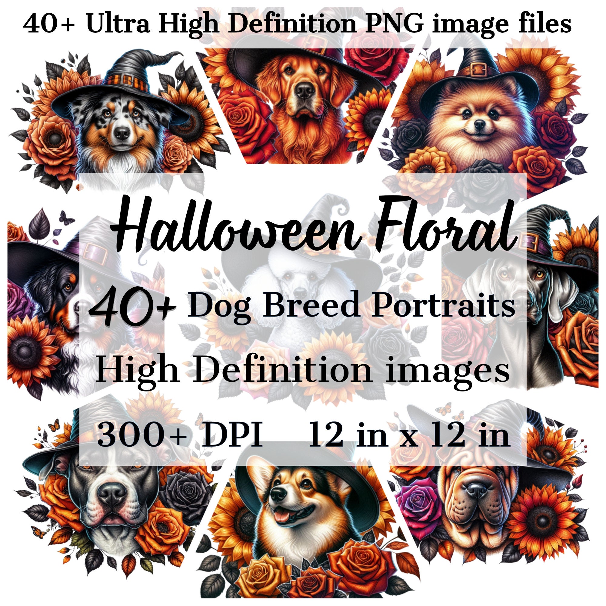 Digital Floral Halloween Dog Bundle - Dog Breed Png Bundle - Dog Witch ...