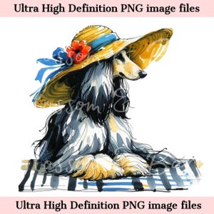 May include: A watercolor illustration of an Afghan Hound wearing a yellow straw hat with a blue ribbon and a red flower. The dog is sitting on a blue and white striped towel.