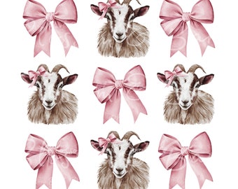 May include: Nine digital illustrations of a brown and white goat with pink bows. The goats are looking at the camera. The bows are tied around the goats' horns.