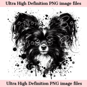 Digitale Papillon hond PNG - Instant Download voor inkt schattig hondenshirt sublimatie, graffiti puppy PNG, schets Papillon hond portret illustraties