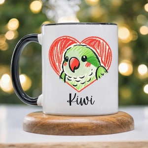 Heart Quaker Parrot Portrait Mug with Black Handle - Ceramic Coffee Cup, Microwave & Dishwasher Safe, Personalized Pet Gift for Bird Owner