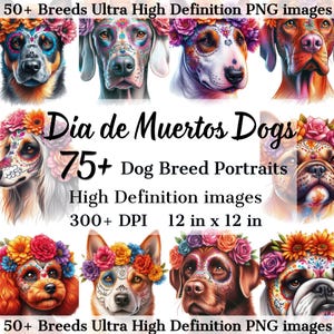 Dia de los Muertos Hund Clipart Bundle, 75+ Hund PNG, Hunderasse Sugar Skull Haustierporträts, digitaler Download, Sublimationskunst für Denkmäler
