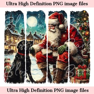 Puede incluir: Ilustración digital de Papá Noel con traje rojo y barba blanca, interactuando con un perro negro en una escena de pueblo nevado. Se ve una luna llena y un árbol de Navidad. El texto "Ultra High Definition PNG image files" está arriba y abajo.